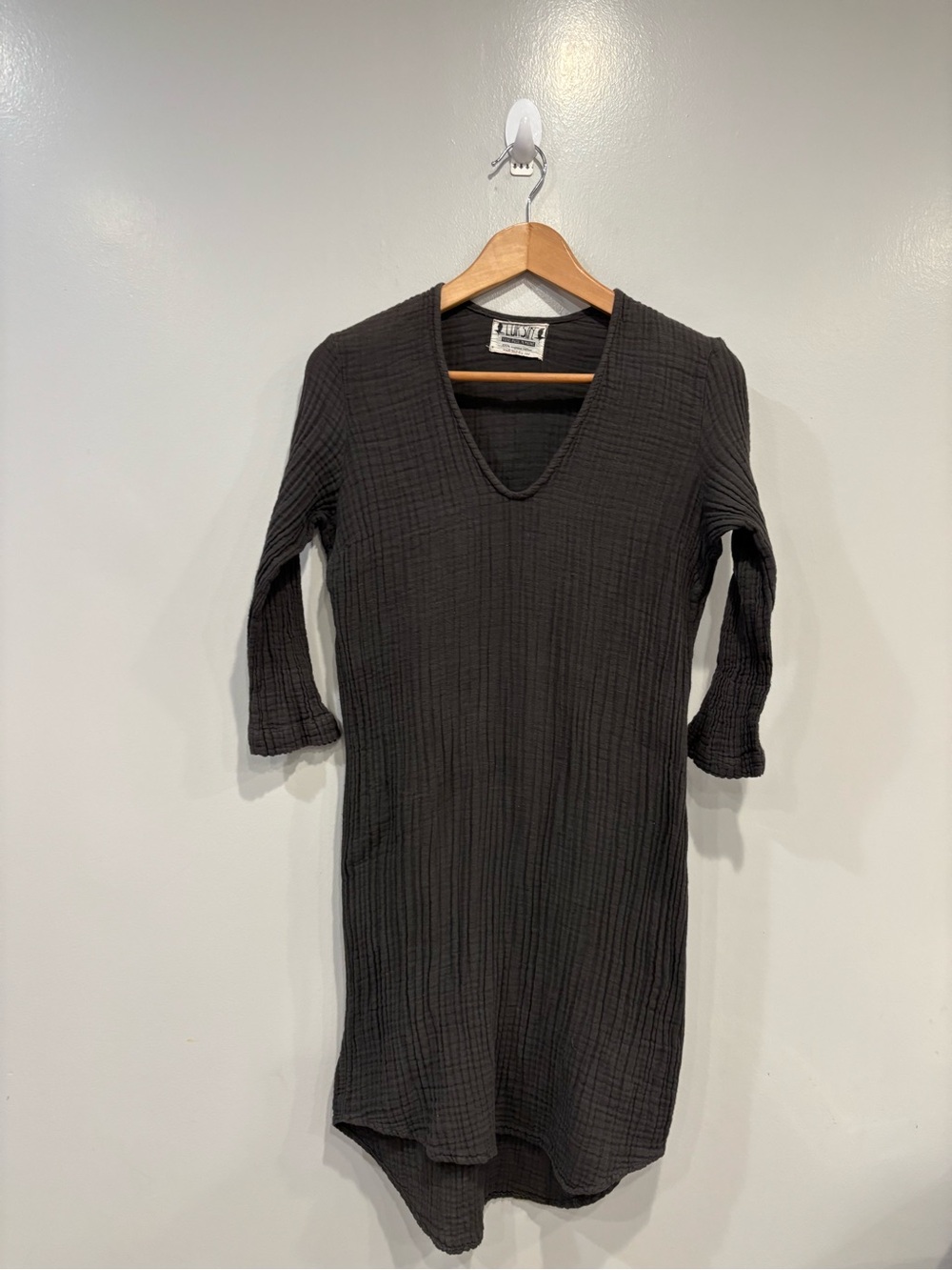 Black Textured V-Neck Long Sleeve Dress by Luksin Organic Cotton Hand made
